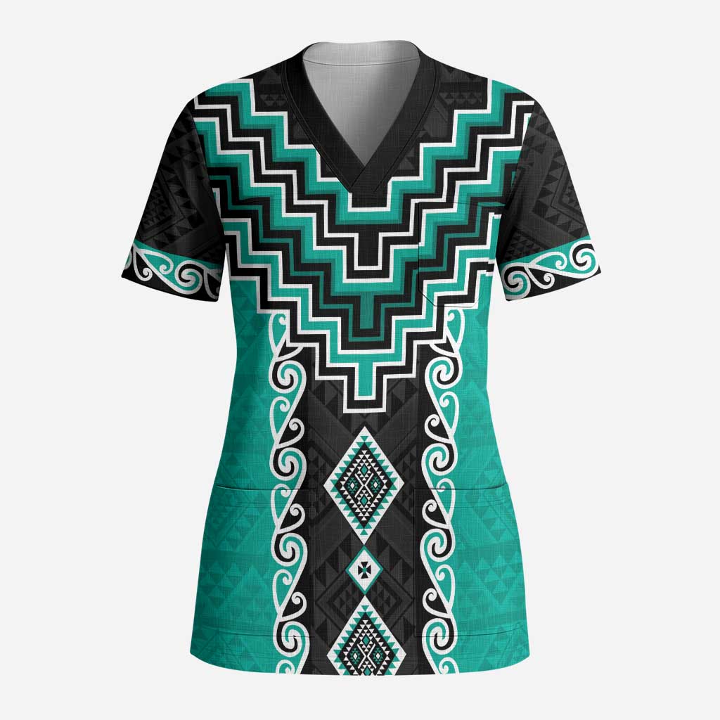 Teal Niho Taniwha Mix Poutama Scrub Top Unique Taniko Aotearoa - Polynesian Pride