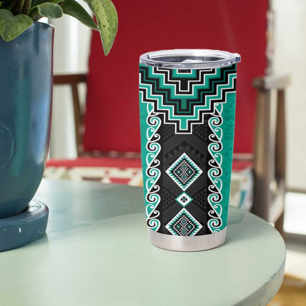 Teal Niho Taniwha Mix Poutama Tumbler Cup Unique Taniko Aotearoa LT01 - Polynesian Pride