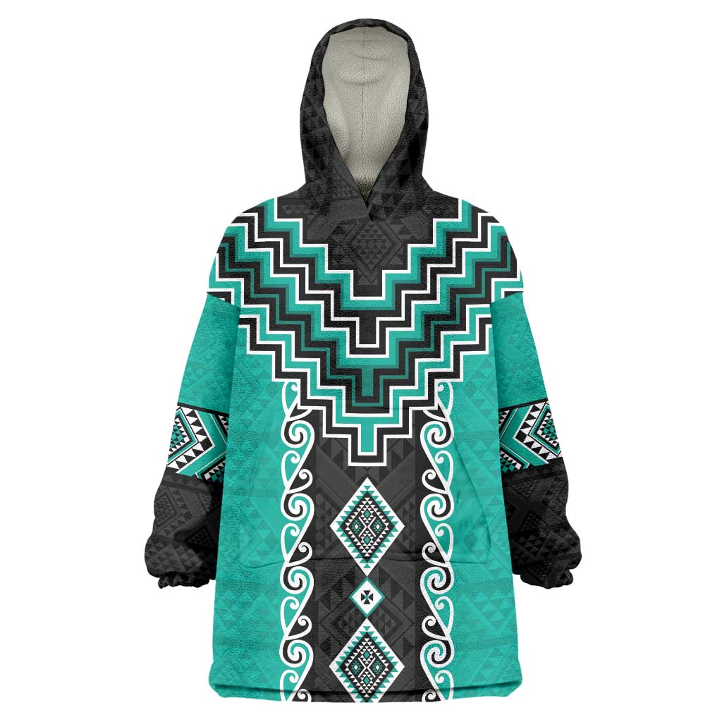 Teal Niho Taniwha Mix Poutama Wearable Blanket Hoodie Unique Taniko Aotearoa