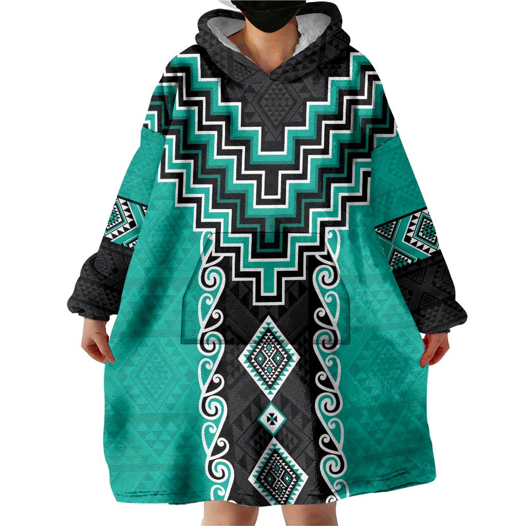 Teal Niho Taniwha Mix Poutama Wearable Blanket Hoodie Unique Taniko Aotearoa