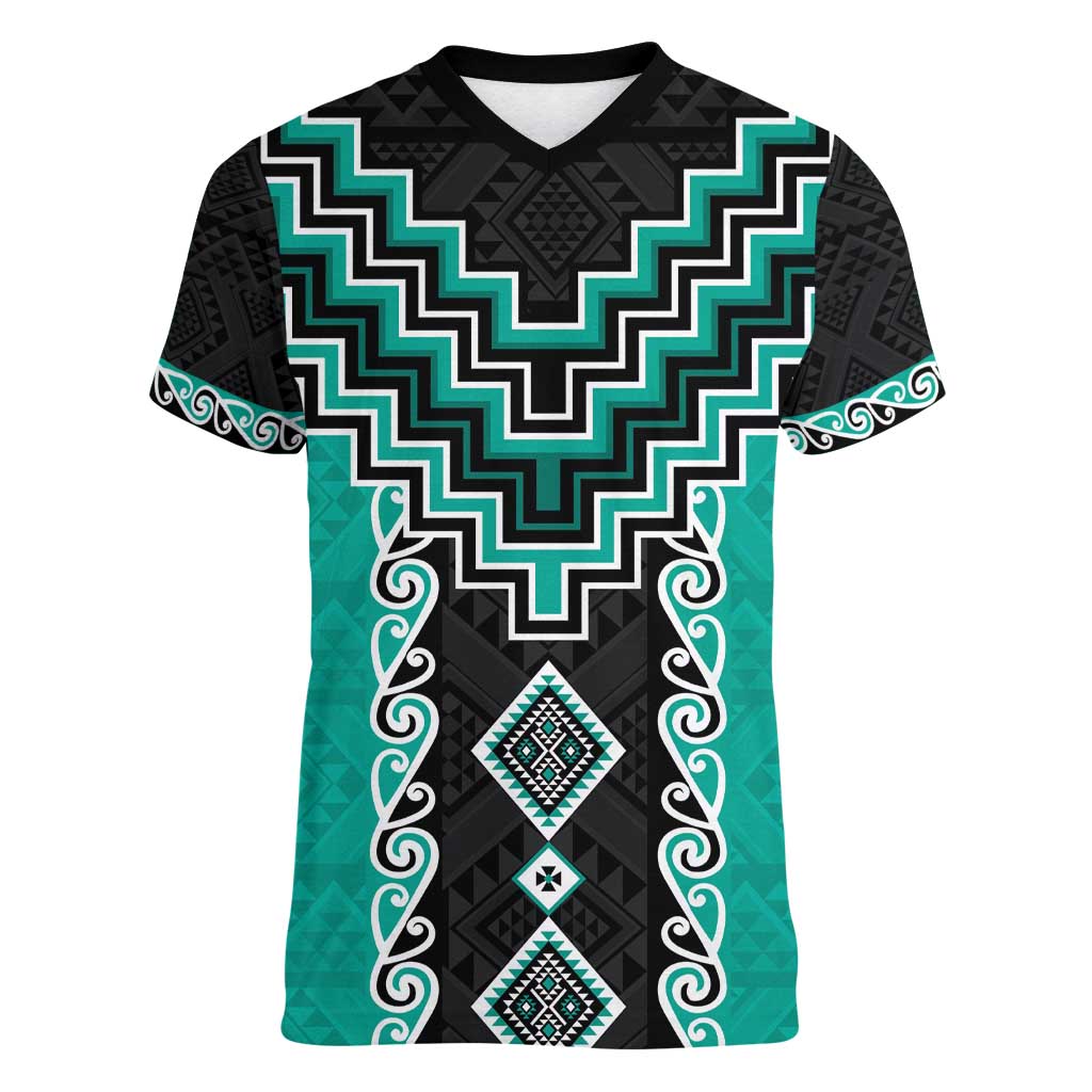 Teal Niho Taniwha Mix Poutama Women V-Neck T-Shirt Unique Taniko Aotearoa LT01 Female Teal - Polynesian Pride