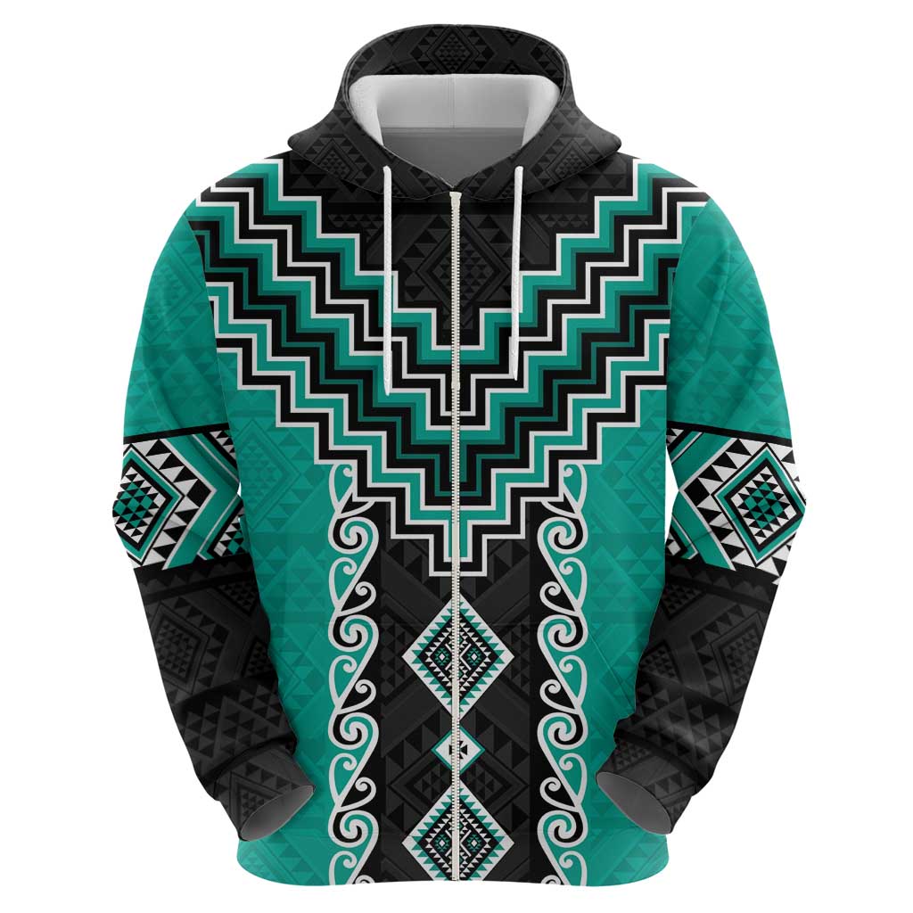 Teal Niho Taniwha Mix Poutama Zip Hoodie Unique Taniko Aotearoa