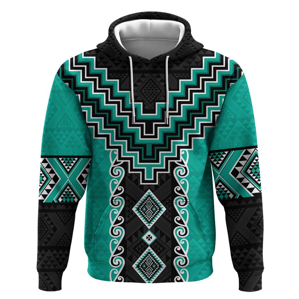 Teal Niho Taniwha Mix Poutama Zip Hoodie Unique Taniko Aotearoa