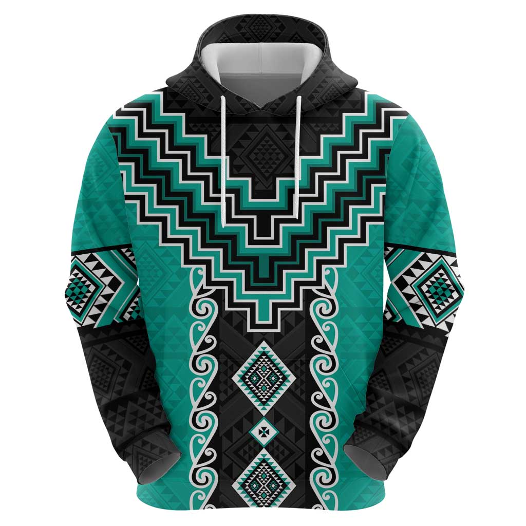 Teal Niho Taniwha Mix Poutama Zip Hoodie Unique Taniko Aotearoa