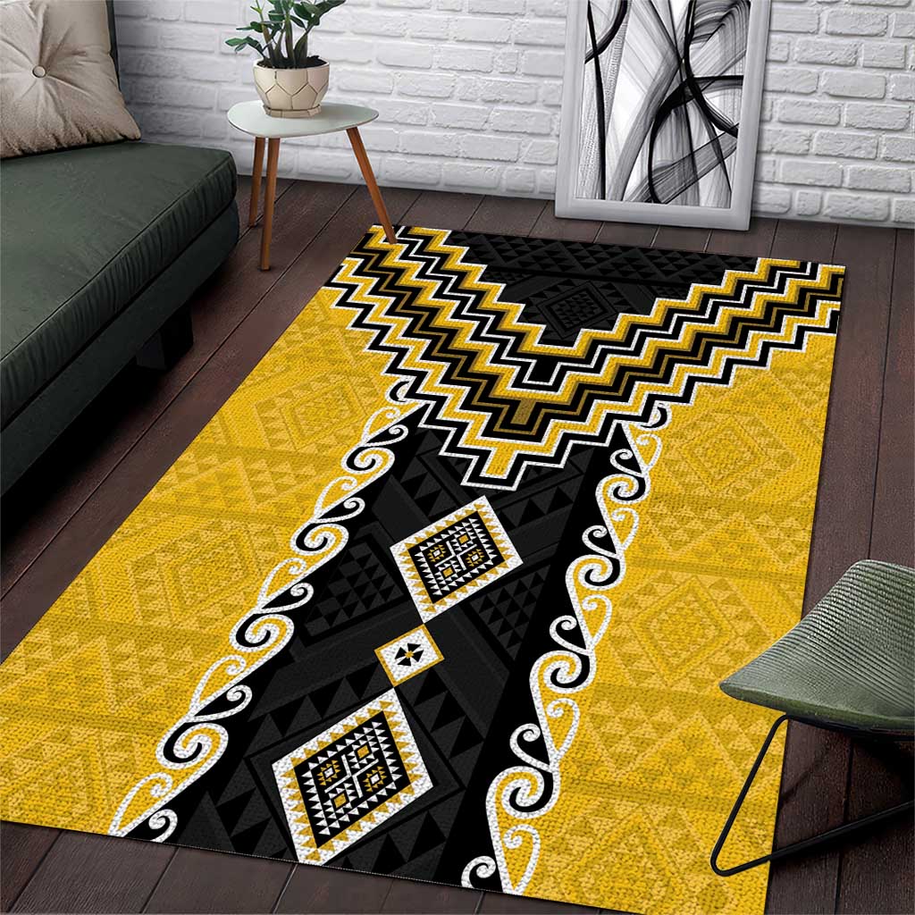 Yellow Niho Taniwha Mix Poutama Area Rug Unique Taniko Aotearoa
