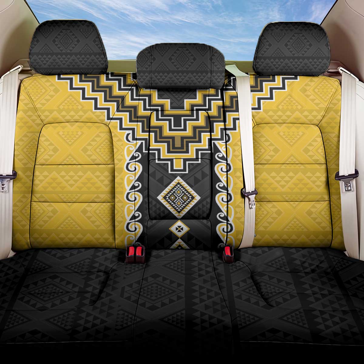 Yellow Niho Taniwha Mix Poutama Back Car Seat Cover Unique Taniko Aotearoa
