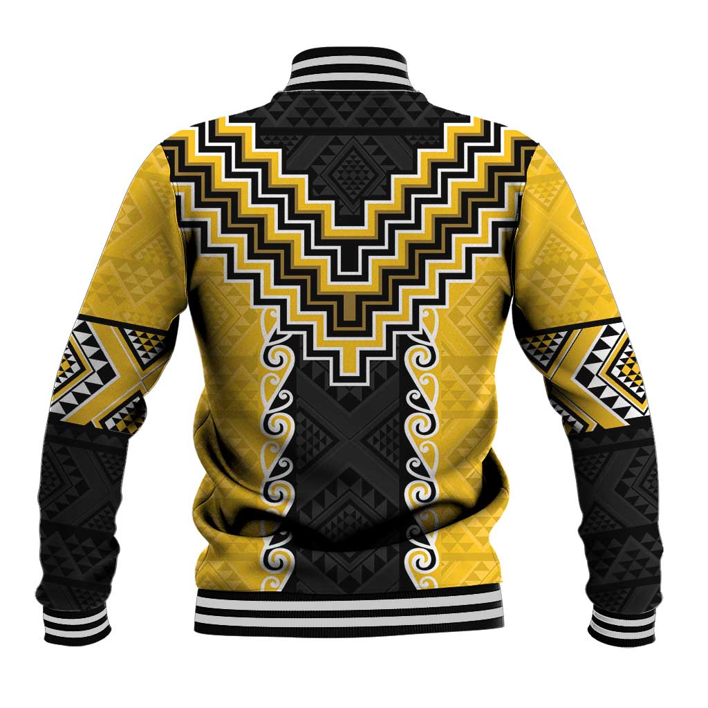 Yellow Niho Taniwha Mix Poutama Baseball Jacket Unique Taniko Aotearoa