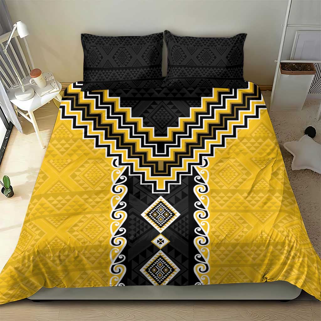 Yellow Niho Taniwha Mix Poutama Bedding Set Unique Taniko Aotearoa