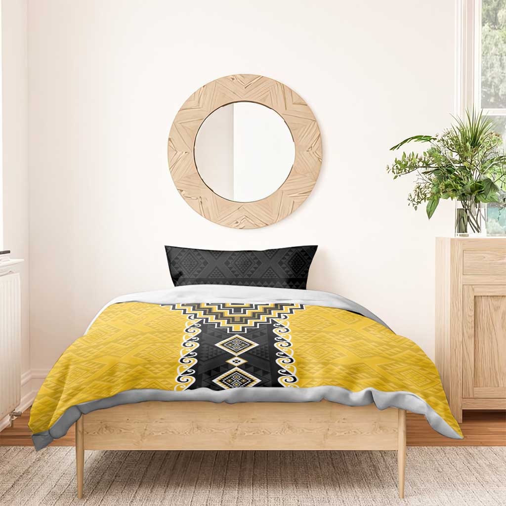 Yellow Niho Taniwha Mix Poutama Bedding Set Unique Taniko Aotearoa