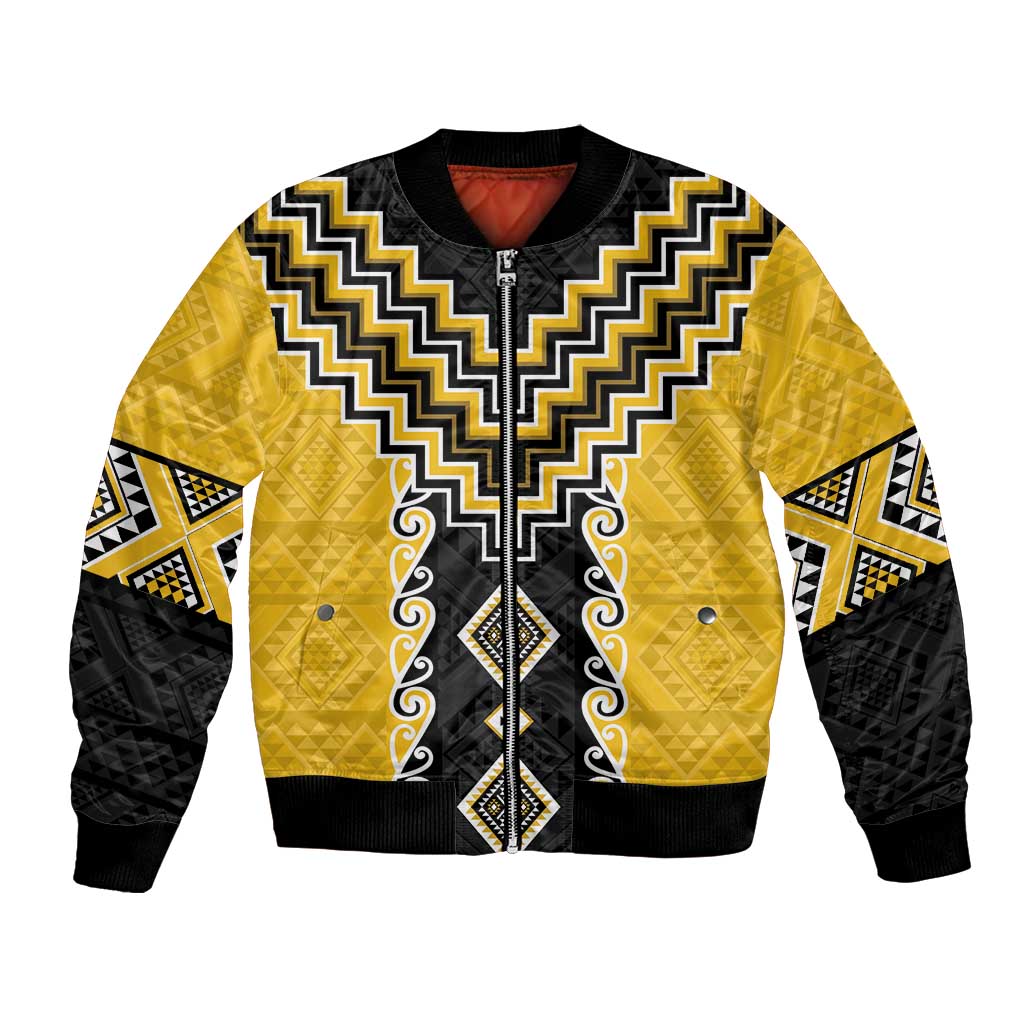 Yellow Niho Taniwha Mix Poutama Bomber Jacket Unique Taniko Aotearoa