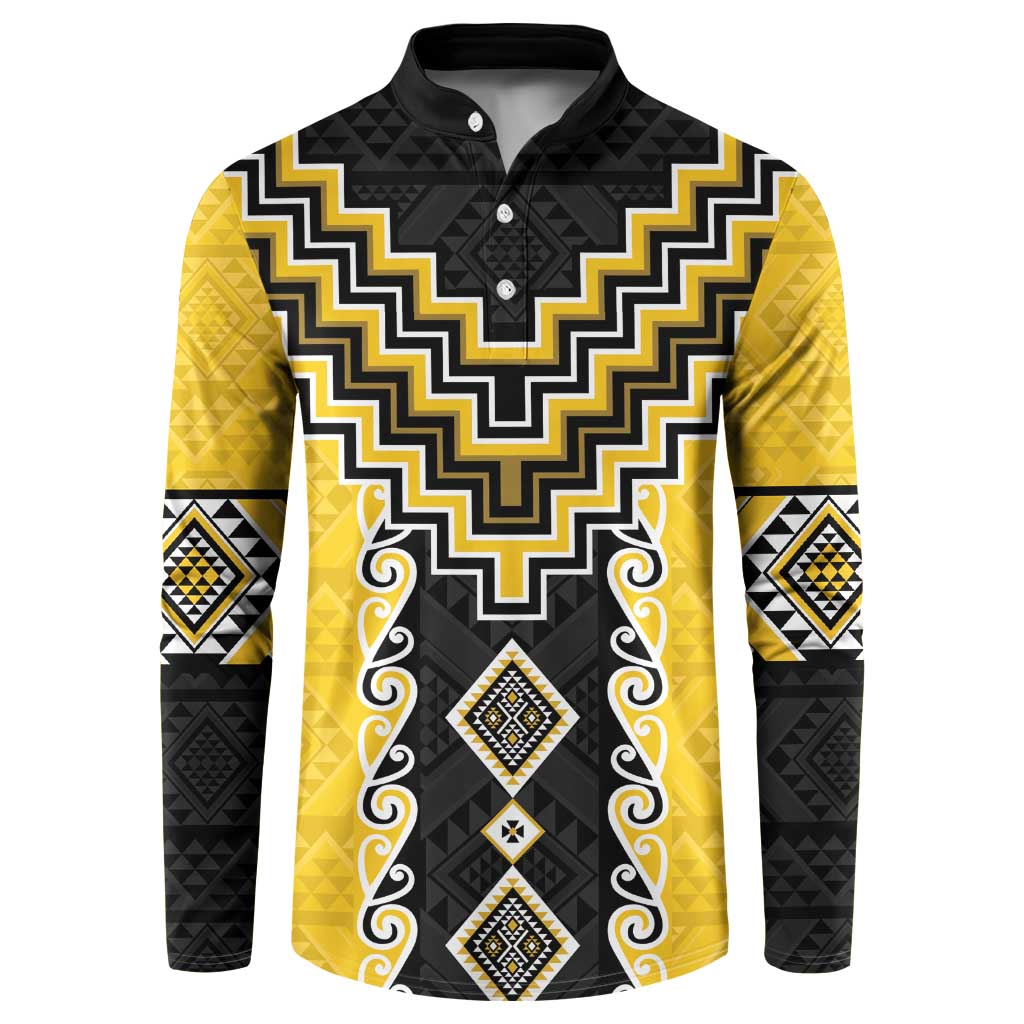Yellow Niho Taniwha Mix Poutama Button Sweatshirt Unique Taniko Aotearoa