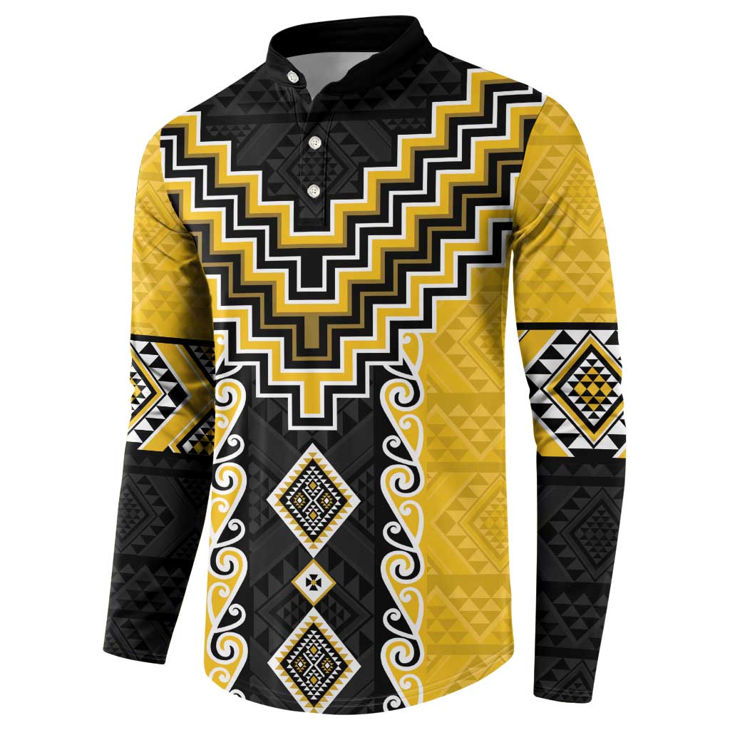Yellow Niho Taniwha Mix Poutama Button Sweatshirt Unique Taniko Aotearoa