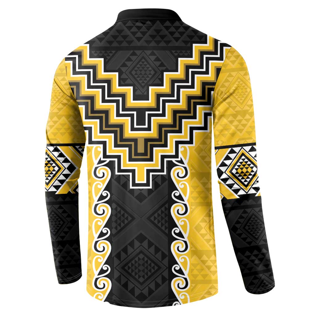 Yellow Niho Taniwha Mix Poutama Button Sweatshirt Unique Taniko Aotearoa