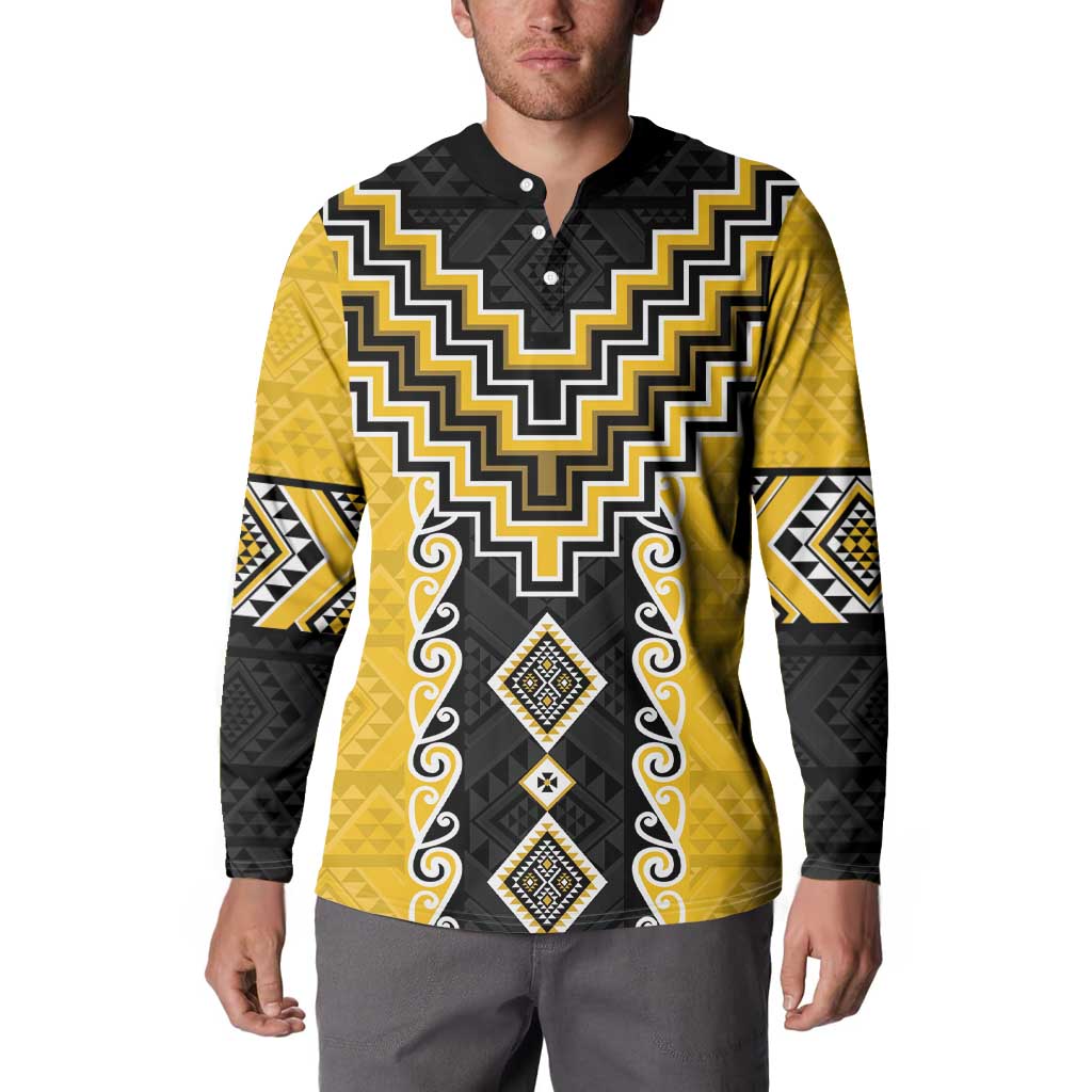 Yellow Niho Taniwha Mix Poutama Button Sweatshirt Unique Taniko Aotearoa