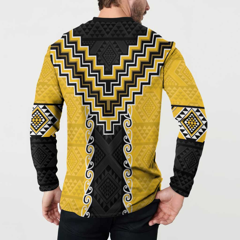 Yellow Niho Taniwha Mix Poutama Button Sweatshirt Unique Taniko Aotearoa