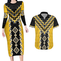 Yellow Niho Taniwha Mix Poutama Couples Matching Long Sleeve Bodycon Dress and Hawaiian Shirt Unique Taniko Aotearoa LT01 Yellow - Polynesian Pride