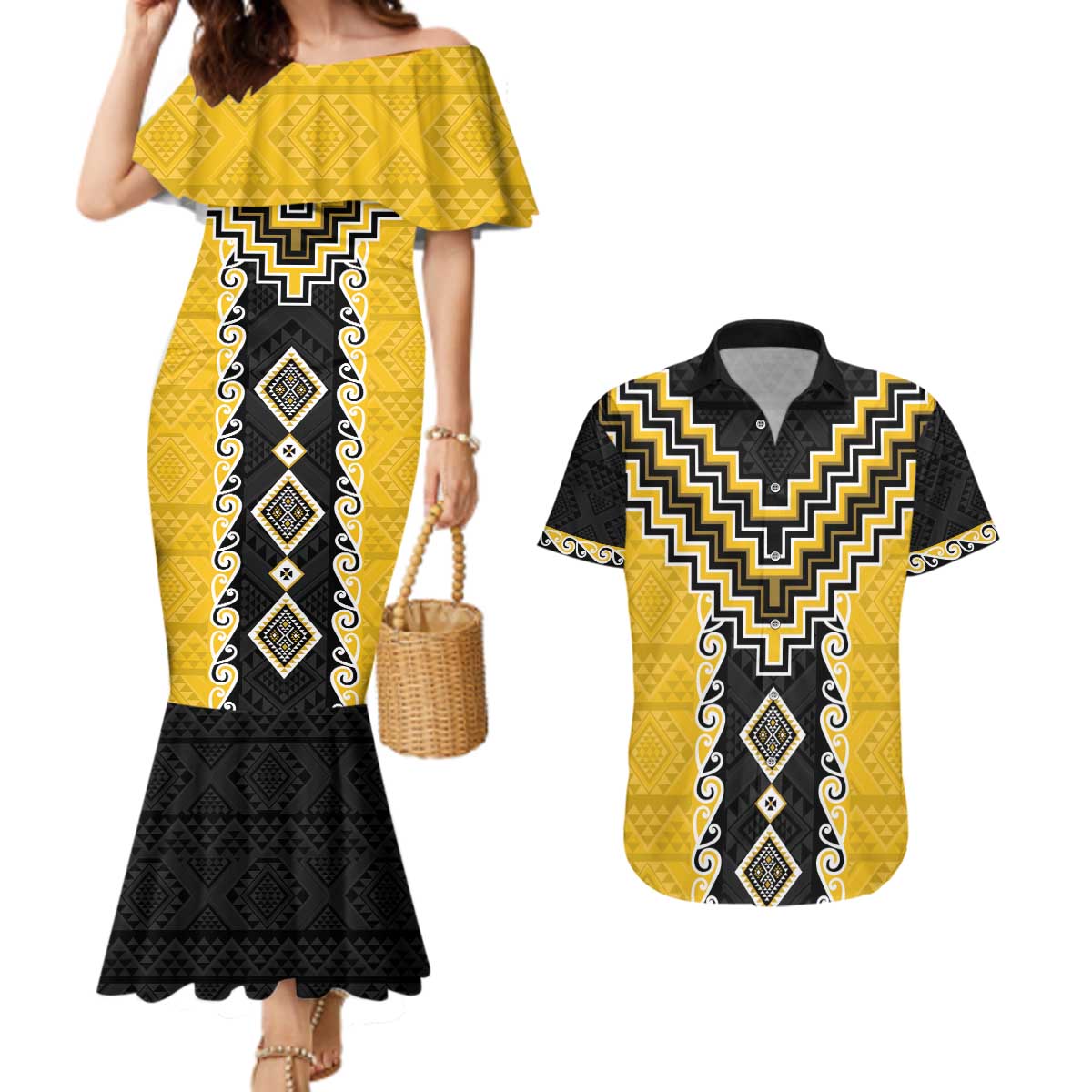 Yellow Niho Taniwha Mix Poutama Couples Matching Mermaid Dress and Hawaiian Shirt Unique Taniko Aotearoa LT01 Yellow - Polynesian Pride