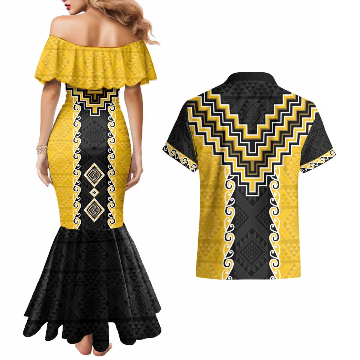 Yellow Niho Taniwha Mix Poutama Couples Matching Mermaid Dress and Hawaiian Shirt Unique Taniko Aotearoa LT01 - Polynesian Pride