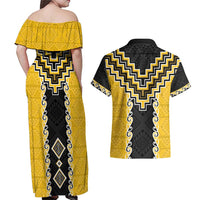 Yellow Niho Taniwha Mix Poutama Couples Matching Off Shoulder Maxi Dress and Hawaiian Shirt Unique Taniko Aotearoa LT01 - Polynesian Pride