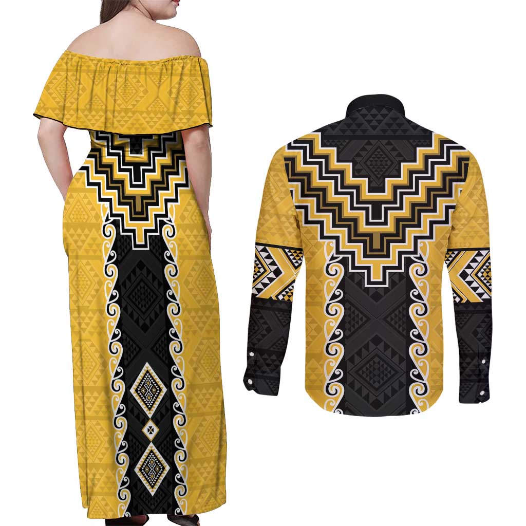 Yellow Niho Taniwha Mix Poutama Couples Matching Off Shoulder Maxi Dress and Long Sleeve Button Shirt Unique Taniko Aotearoa LT01 - Polynesian Pride