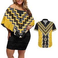 Yellow Niho Taniwha Mix Poutama Couples Matching Off Shoulder Short Dress and Hawaiian Shirt Unique Taniko Aotearoa LT01 Yellow - Polynesian Pride