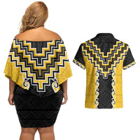Yellow Niho Taniwha Mix Poutama Couples Matching Off Shoulder Short Dress and Hawaiian Shirt Unique Taniko Aotearoa LT01 - Polynesian Pride