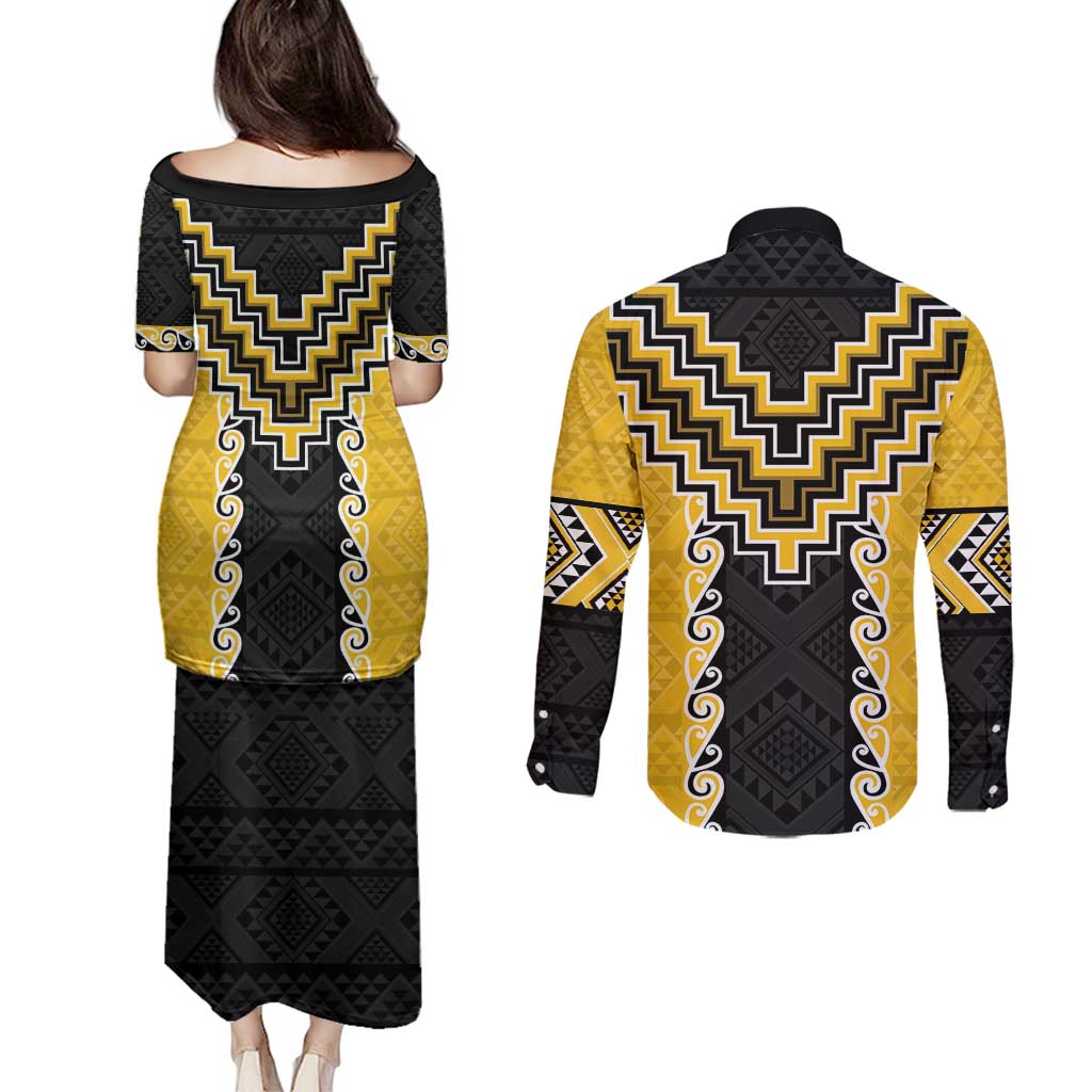 Yellow Niho Taniwha Mix Poutama Couples Matching Puletasi and Long Sleeve Button Shirt Unique Taniko Aotearoa
