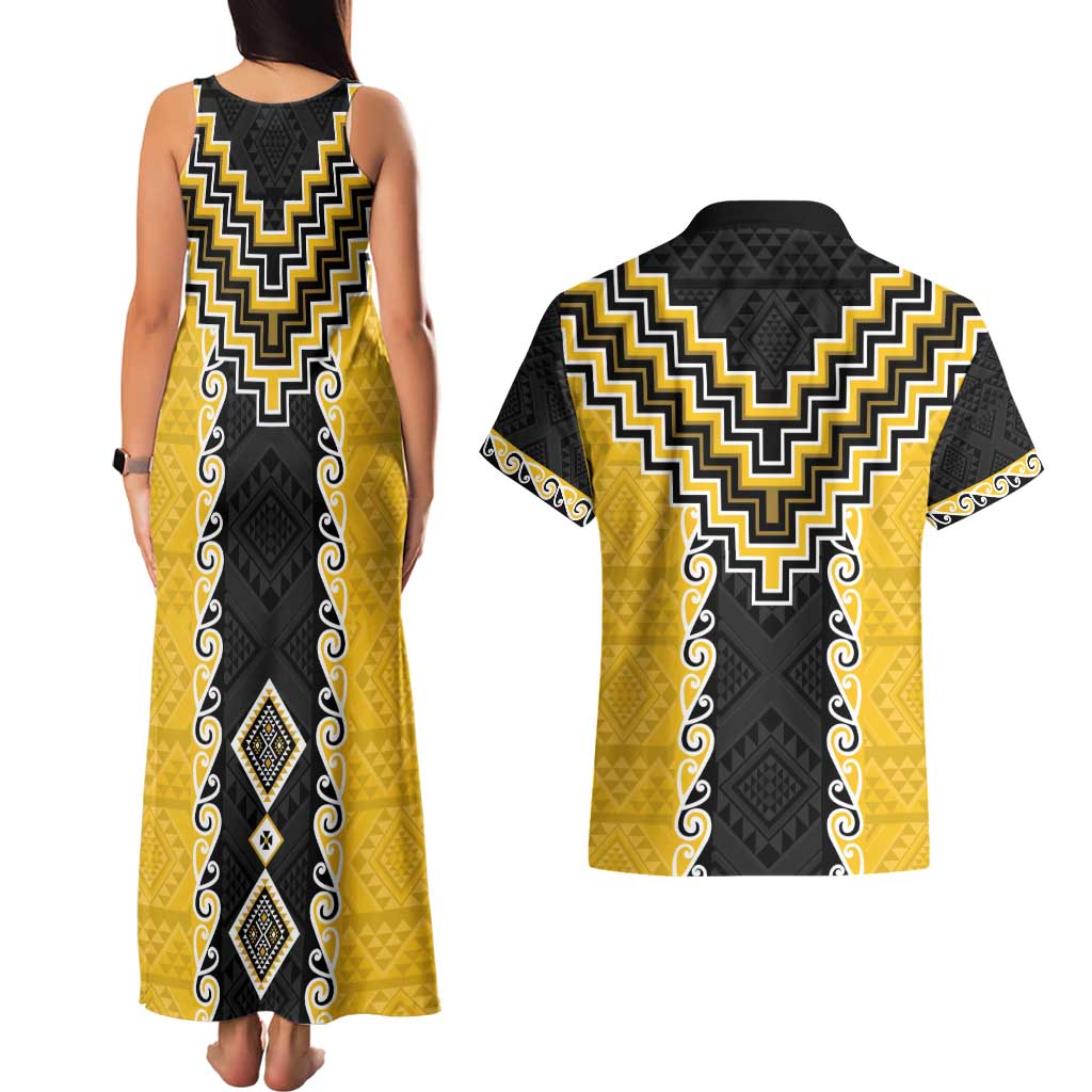 Yellow Niho Taniwha Mix Poutama Couples Matching Tank Maxi Dress and Hawaiian Shirt Unique Taniko Aotearoa LT01 - Polynesian Pride