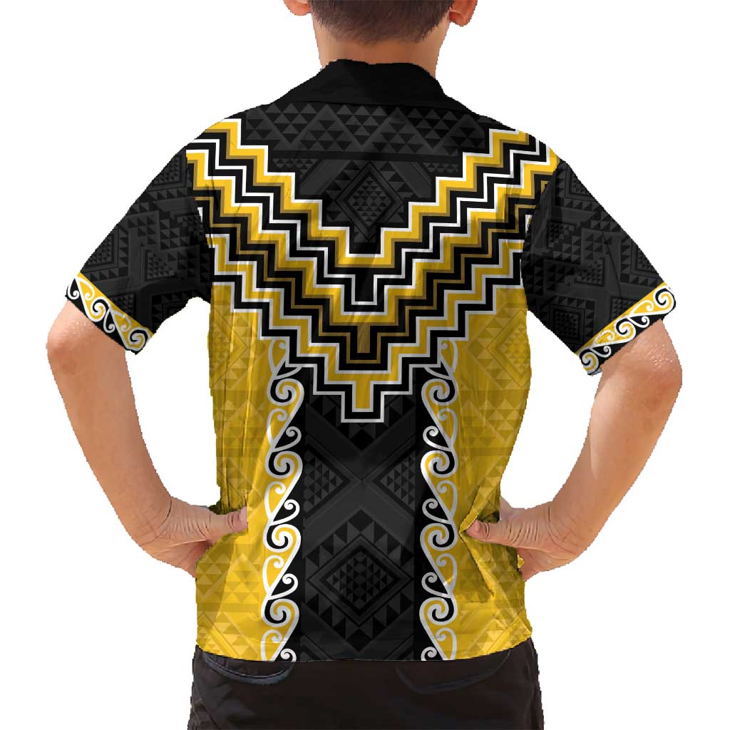 Yellow Niho Taniwha Mix Poutama Family Matching Long Sleeve Bodycon Dress and Hawaiian Shirt Unique Taniko Aotearoa LT01 - Polynesian Pride