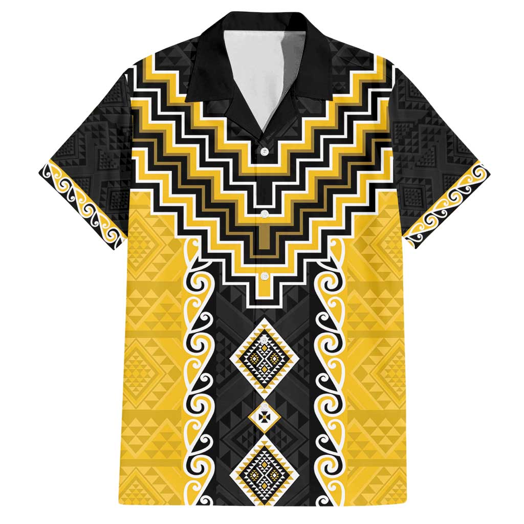 Yellow Niho Taniwha Mix Poutama Family Matching Long Sleeve Bodycon Dress and Hawaiian Shirt Unique Taniko Aotearoa LT01 Dad's Shirt - Short Sleeve Yellow - Polynesian Pride