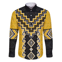Yellow Niho Taniwha Mix Poutama Family Matching Long Sleeve Bodycon Dress and Hawaiian Shirt Unique Taniko Aotearoa LT01 Dad's Shirt - Long Sleeve Yellow - Polynesian Pride