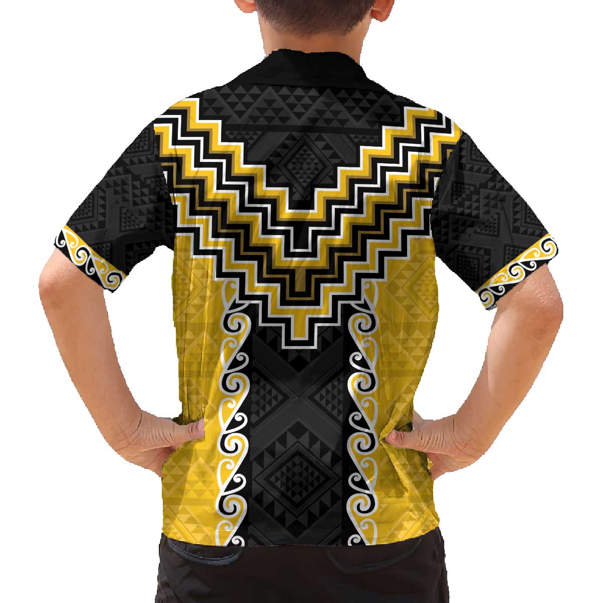 Yellow Niho Taniwha Mix Poutama Family Matching Off The Shoulder Long Sleeve Dress and Hawaiian Shirt Unique Taniko Aotearoa