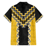 Yellow Niho Taniwha Mix Poutama Family Matching Off The Shoulder Long Sleeve Dress and Hawaiian Shirt Unique Taniko Aotearoa