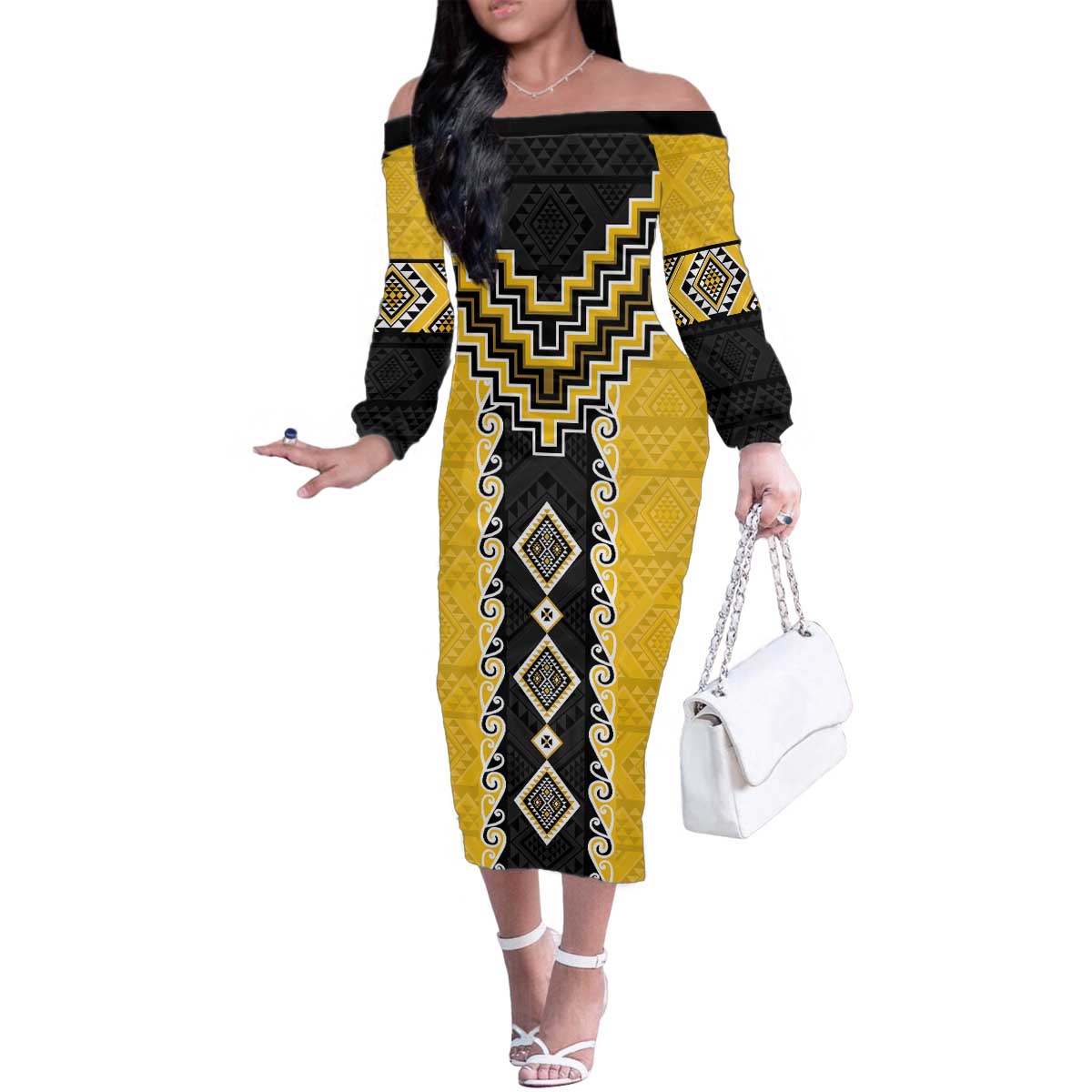 Yellow Niho Taniwha Mix Poutama Family Matching Off The Shoulder Long Sleeve Dress and Hawaiian Shirt Unique Taniko Aotearoa