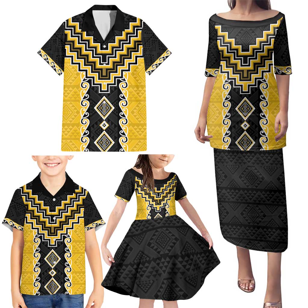 Yellow Niho Taniwha Mix Poutama Family Matching Puletasi and Hawaiian Shirt Unique Taniko Aotearoa LT01 - Polynesian Pride