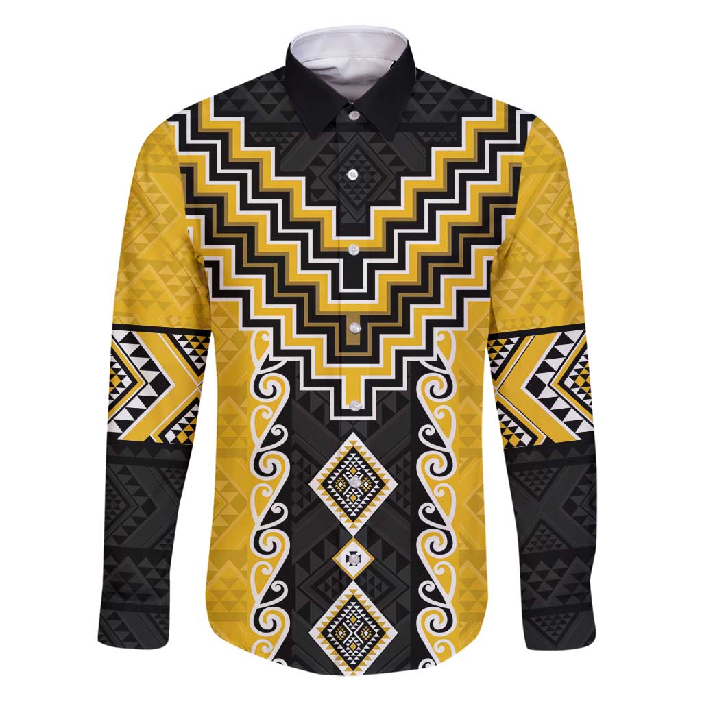 Yellow Niho Taniwha Mix Poutama Family Matching Puletasi and Hawaiian Shirt Unique Taniko Aotearoa LT01 Dad's Shirt - Long Sleeve Yellow - Polynesian Pride