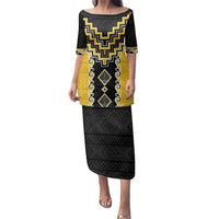 Yellow Niho Taniwha Mix Poutama Family Matching Puletasi and Hawaiian Shirt Unique Taniko Aotearoa LT01 Mom's Dress Yellow - Polynesian Pride