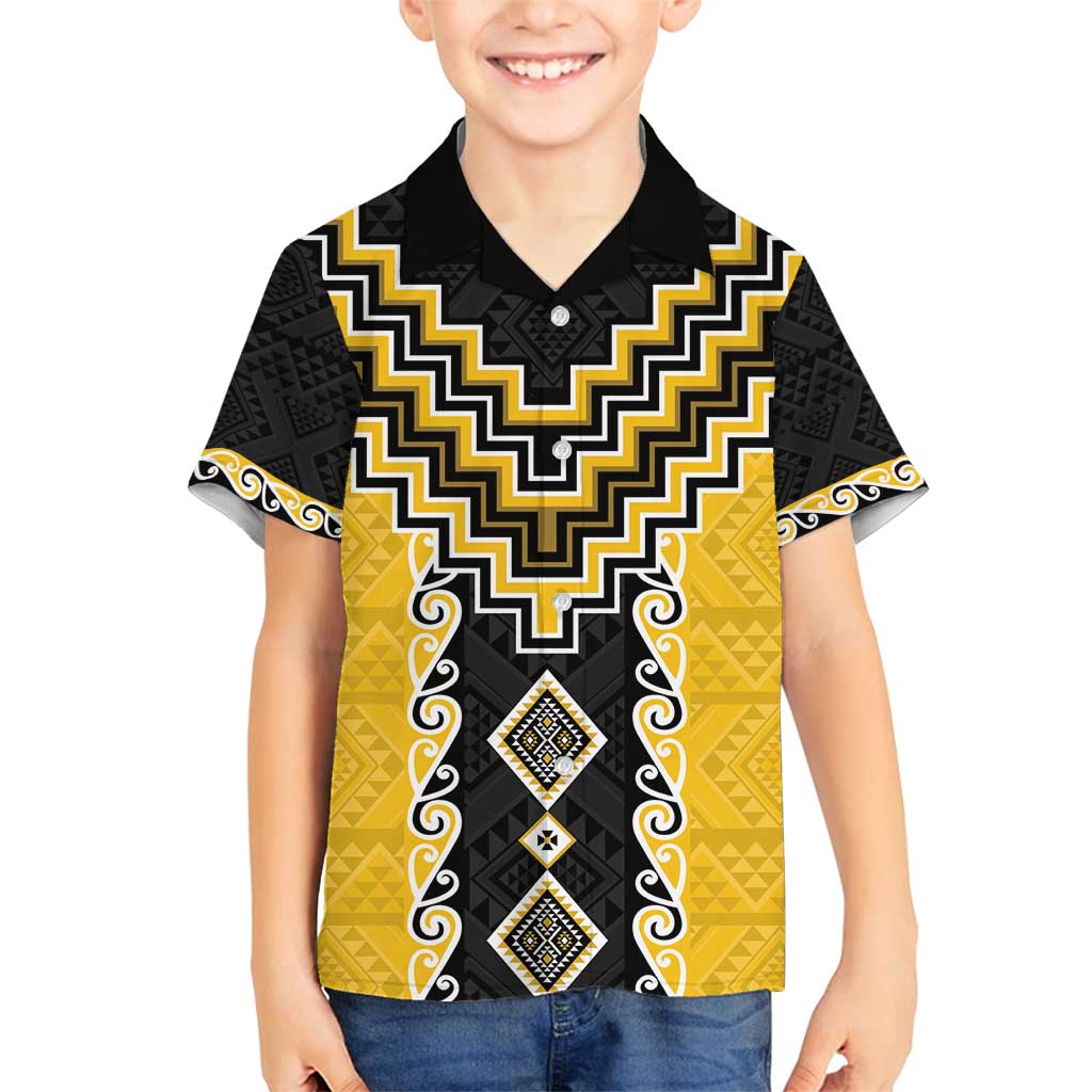 Yellow Niho Taniwha Mix Poutama Family Matching Puletasi and Hawaiian Shirt Unique Taniko Aotearoa LT01 Son's Shirt Yellow - Polynesian Pride