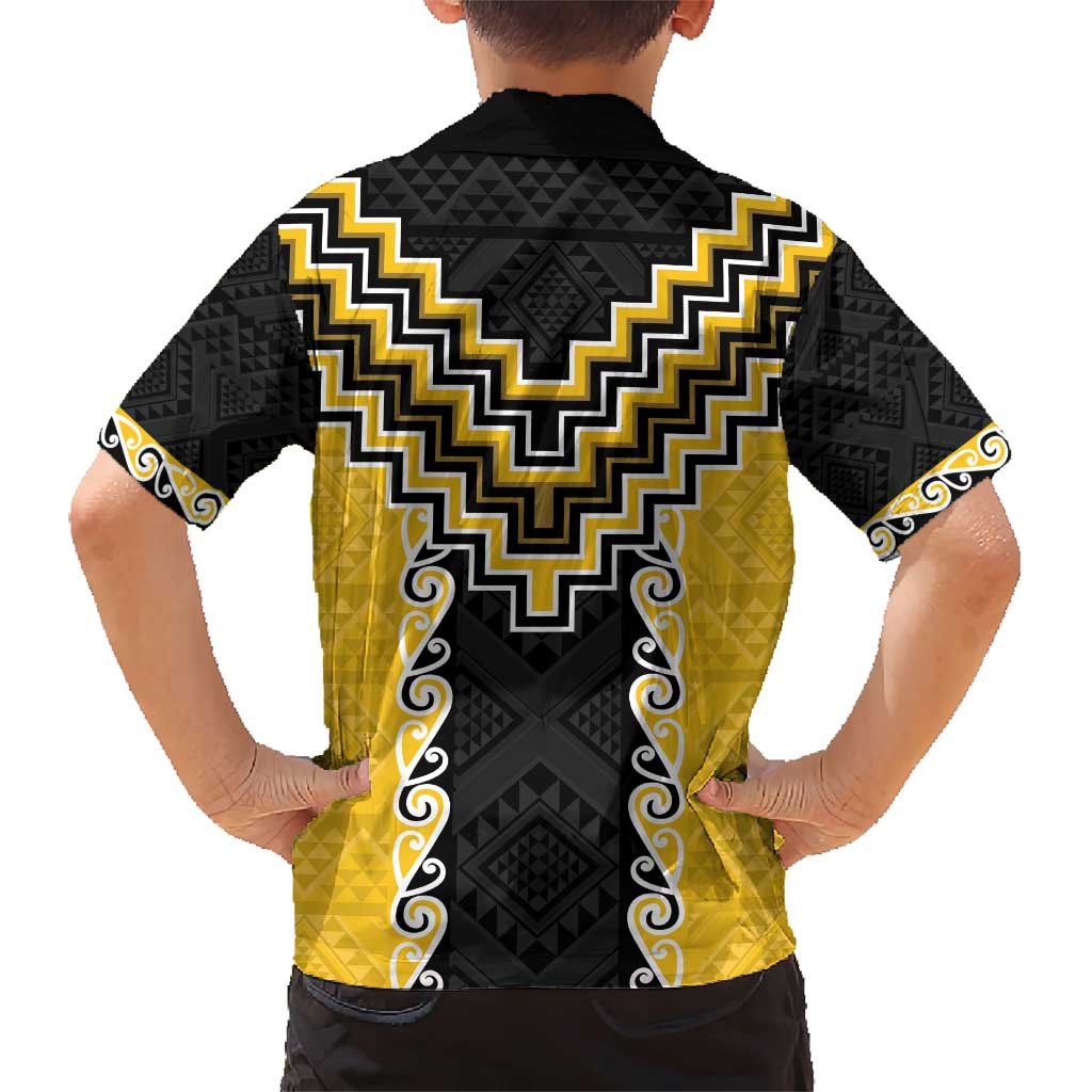 Yellow Niho Taniwha Mix Poutama Family Matching Short Sleeve Bodycon Dress and Hawaiian Shirt Unique Taniko Aotearoa LT01 - Polynesian Pride