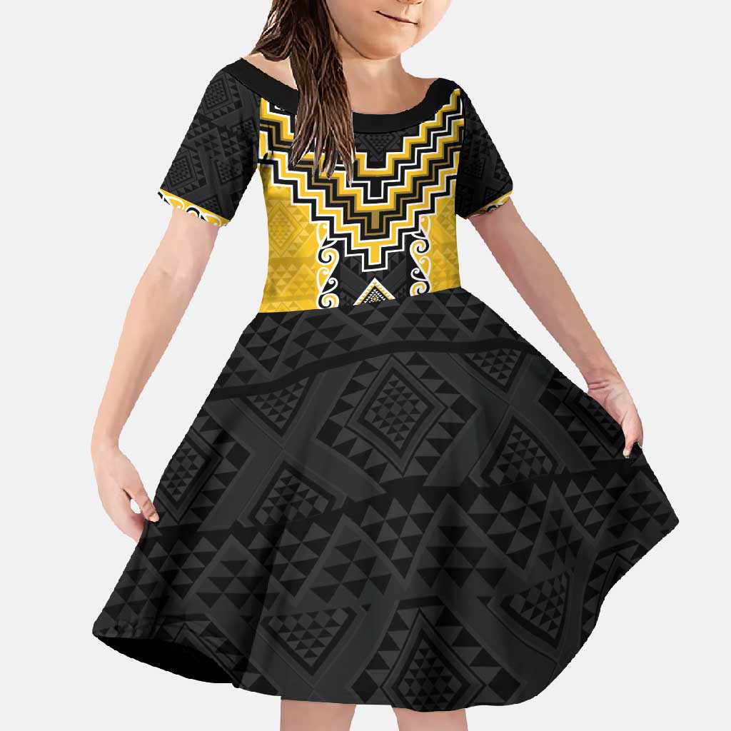 Yellow Niho Taniwha Mix Poutama Family Matching Short Sleeve Bodycon Dress and Hawaiian Shirt Unique Taniko Aotearoa LT01 Daughter's Dress Yellow - Polynesian Pride