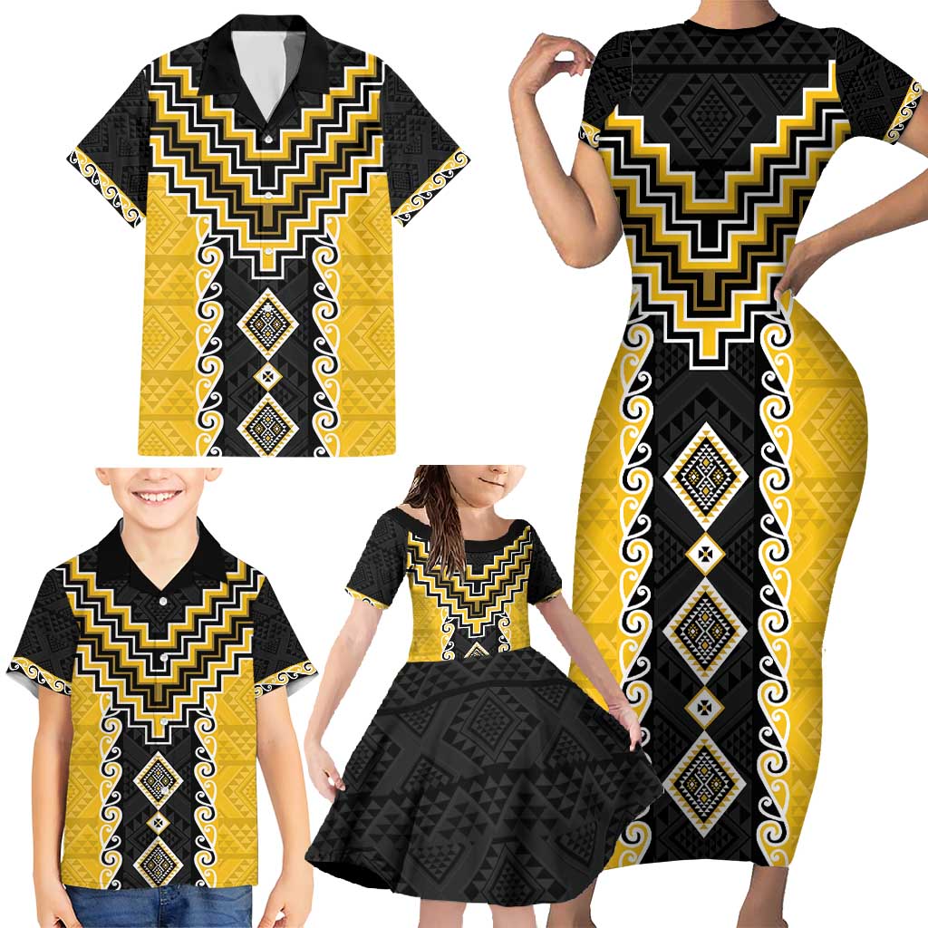 Yellow Niho Taniwha Mix Poutama Family Matching Short Sleeve Bodycon Dress and Hawaiian Shirt Unique Taniko Aotearoa LT01 - Polynesian Pride