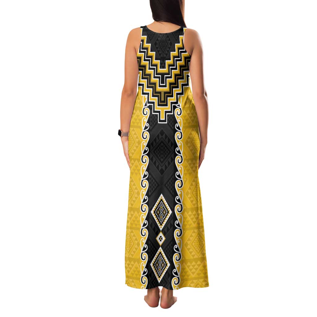 Yellow Niho Taniwha Mix Poutama Family Matching Tank Maxi Dress and Hawaiian Shirt Unique Taniko Aotearoa