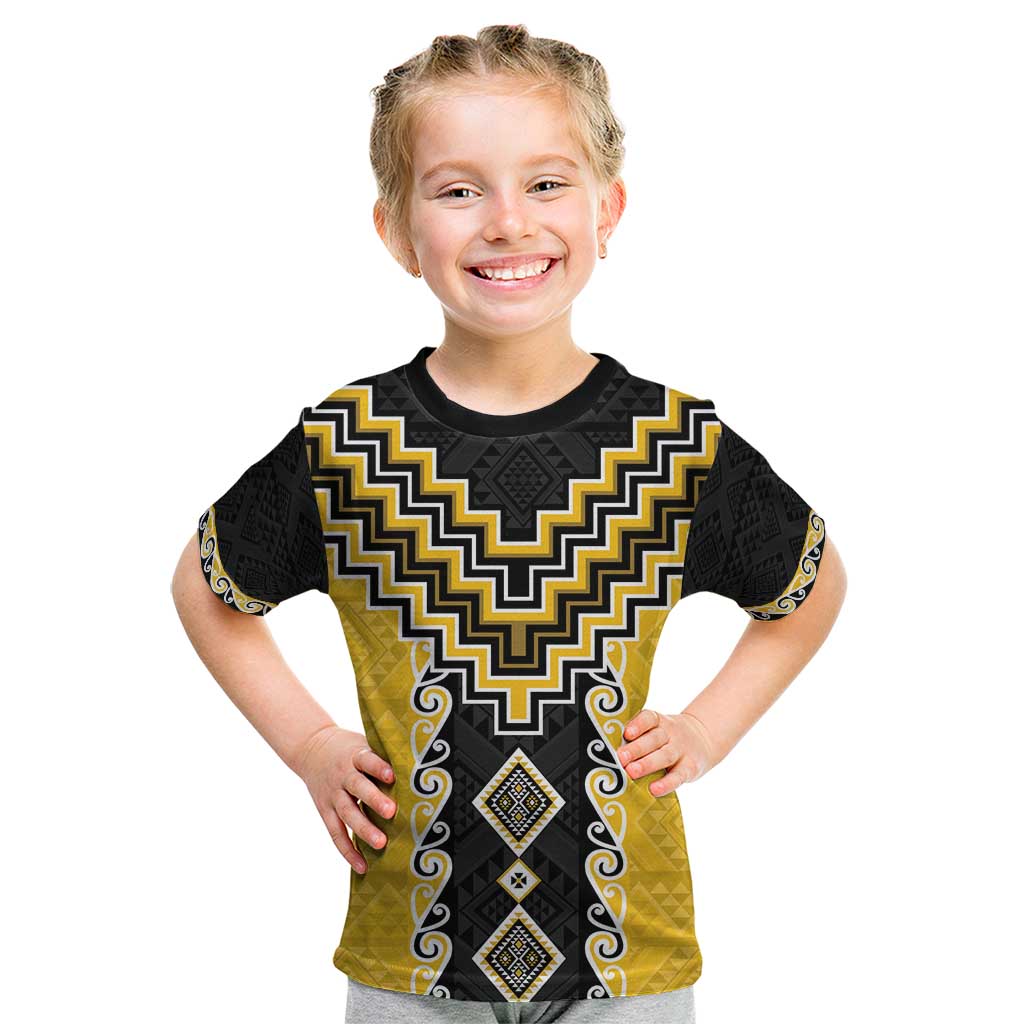 Yellow Niho Taniwha Mix Poutama Kid T Shirt Unique Taniko Aotearoa LT01 Yellow - Polynesian Pride