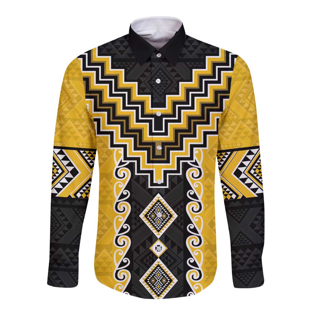 Yellow Niho Taniwha Mix Poutama Long Sleeve Button Shirt Unique Taniko Aotearoa LT01 Unisex Yellow - Polynesian Pride