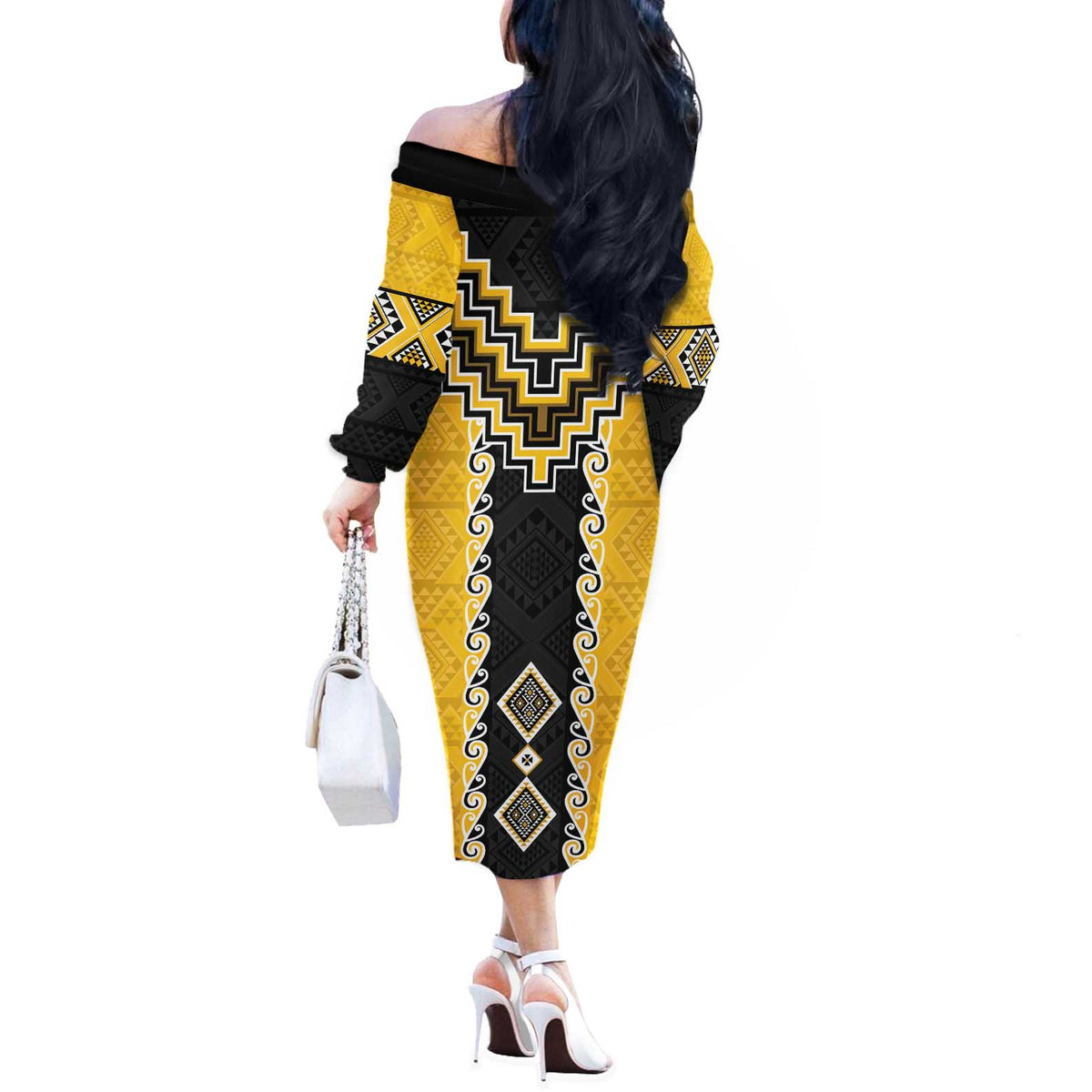 Yellow Niho Taniwha Mix Poutama Off The Shoulder Long Sleeve Dress Unique Taniko Aotearoa