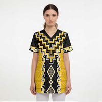 Yellow Niho Taniwha Mix Poutama Scrub Top Unique Taniko Aotearoa - Polynesian Pride