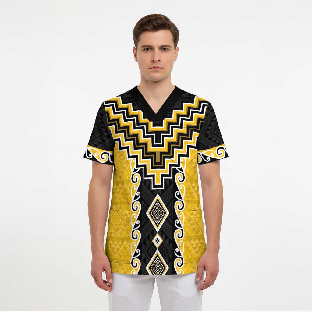 Yellow Niho Taniwha Mix Poutama Scrub Top Unique Taniko Aotearoa - Polynesian Pride