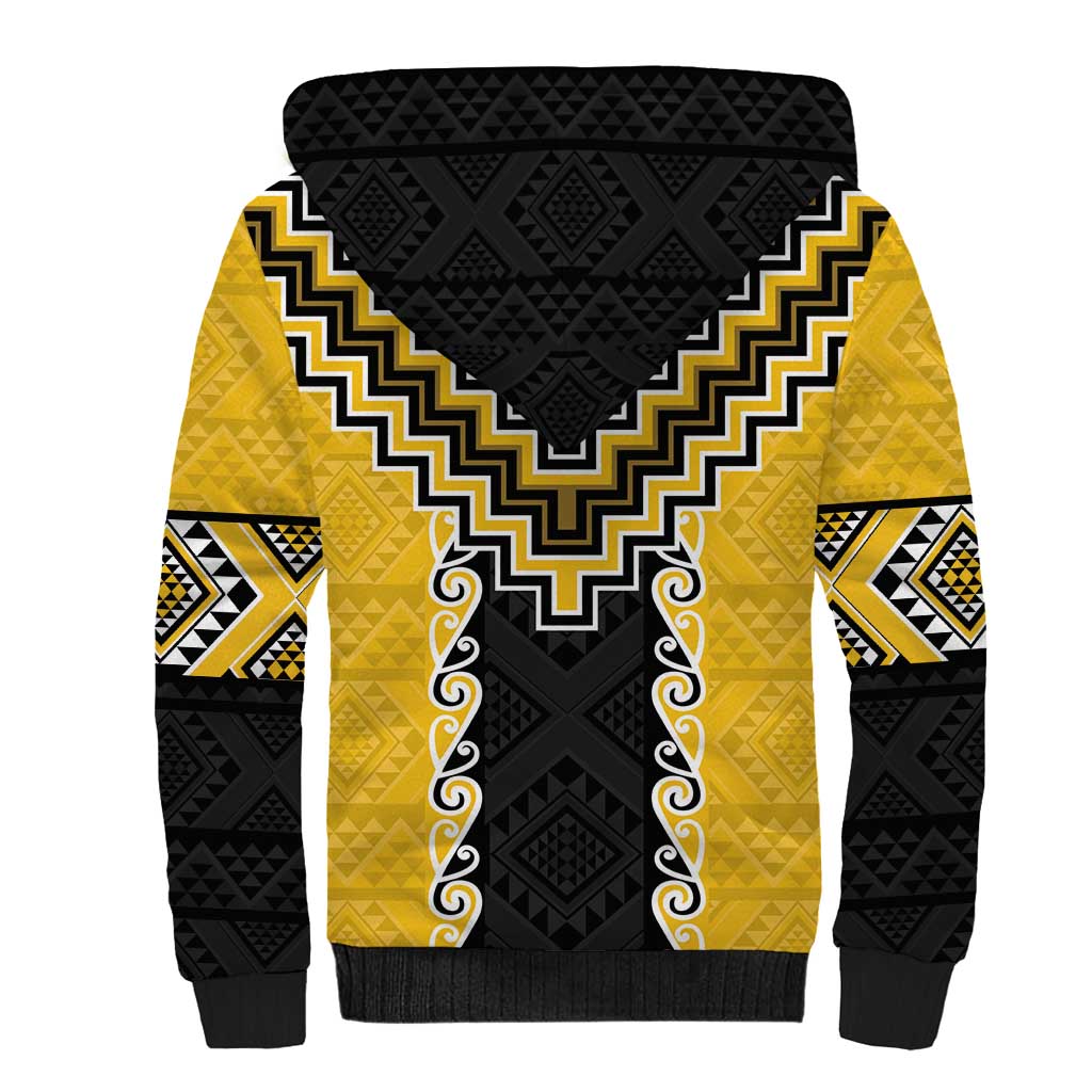 Yellow Niho Taniwha Mix Poutama Sherpa Hoodie Unique Taniko Aotearoa