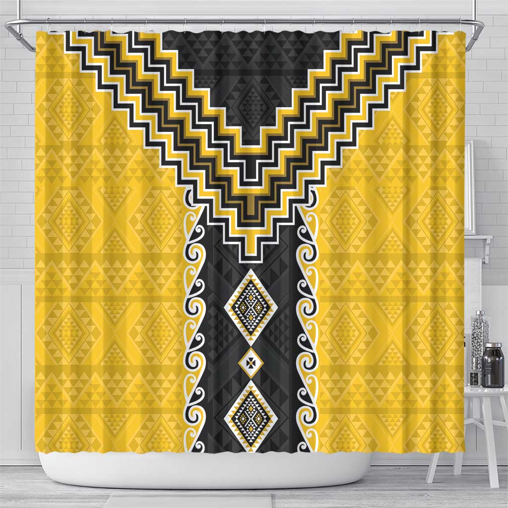 Yellow Niho Taniwha Mix Poutama Shower Curtain Unique Taniko Aotearoa