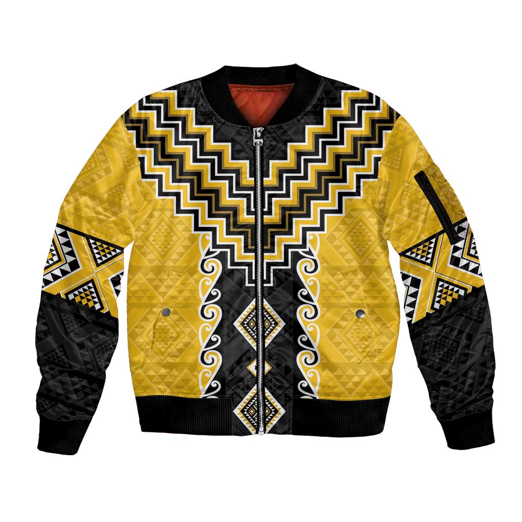Yellow Niho Taniwha Mix Poutama Sleeve Zip Bomber Jacket Unique Taniko Aotearoa